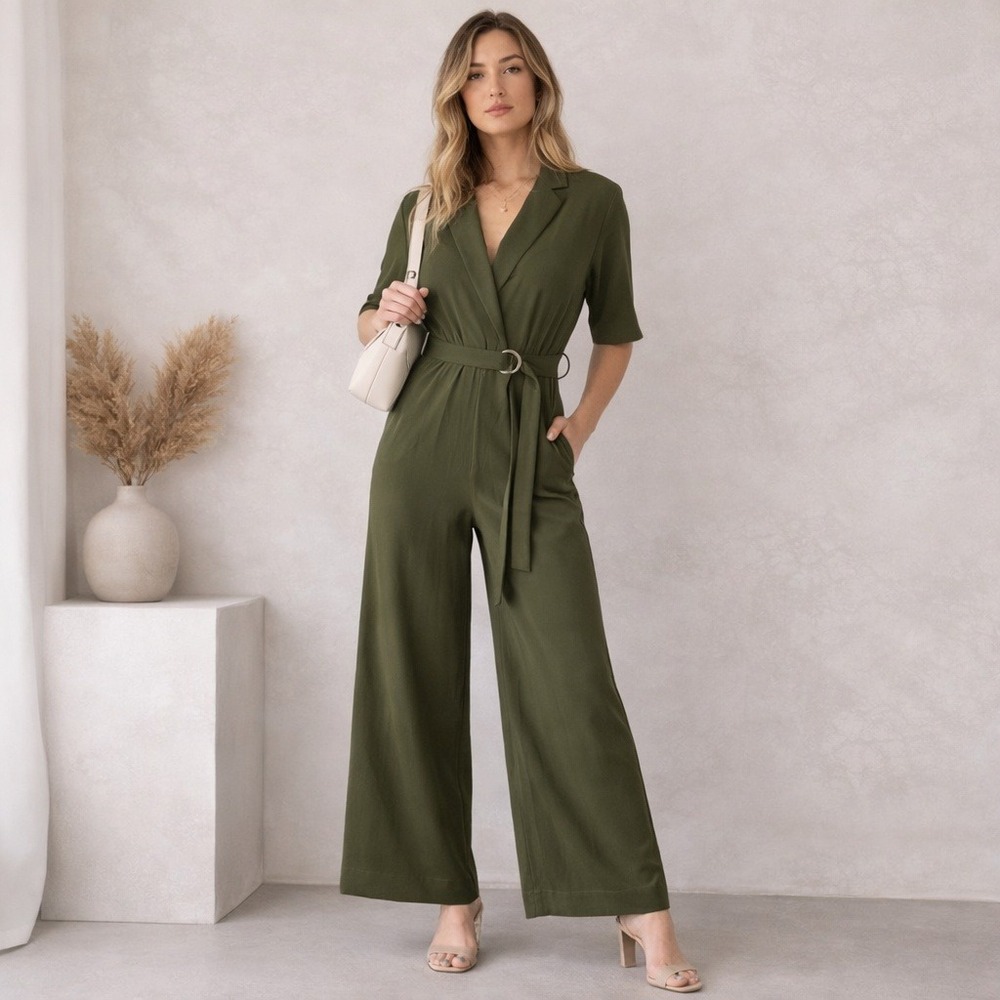 Weekday Jimi Olive Green Wide Leg Jumpsuit Belted Minimalist EU 34 US 2‎